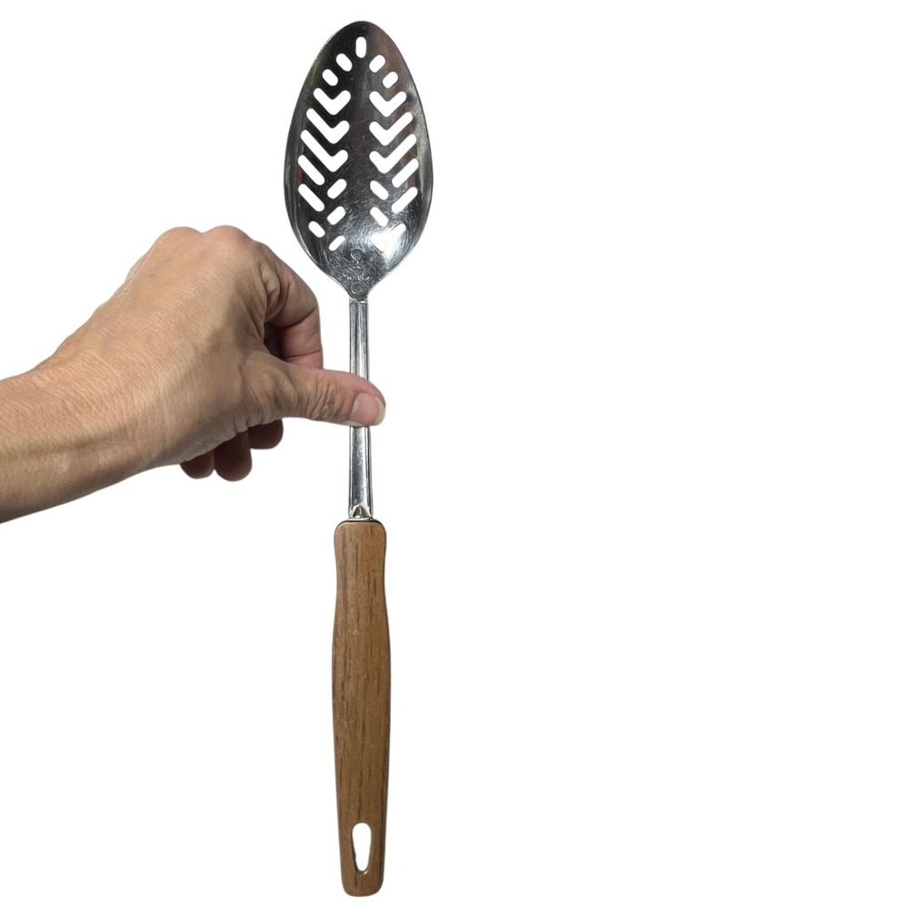 Vintage EKCO USA Slotted Spoon Stainless Steel‎ 2-Tone Wood Black Handle MCM